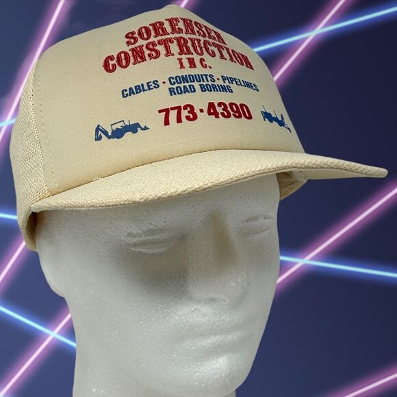 Vintage Sorensen Construction Inc Trucker Hat Baseball Cap Mesh Snapback Ivory - Picture 1 of 13